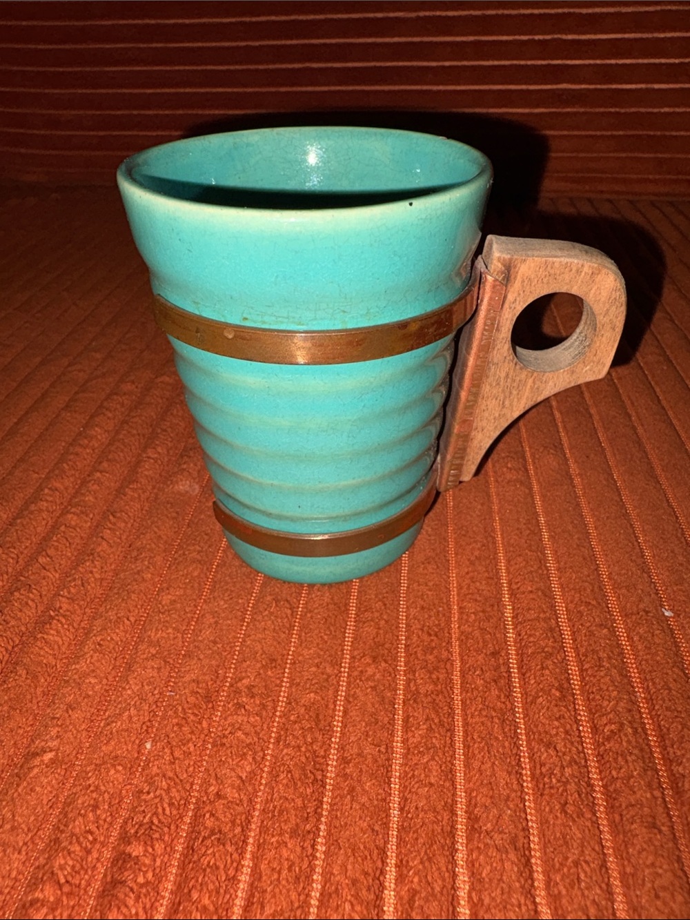 Vintage BAUER Pottery Ringware 6 oz tumbler w/ wood & copper